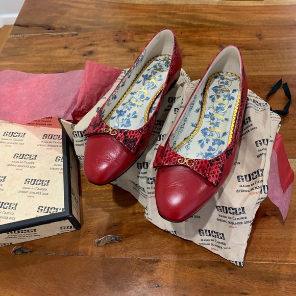 GUCCI Genuine Snakeskin Trim Ballet Flat 38.5 8.5 red - Picture 11 of 16